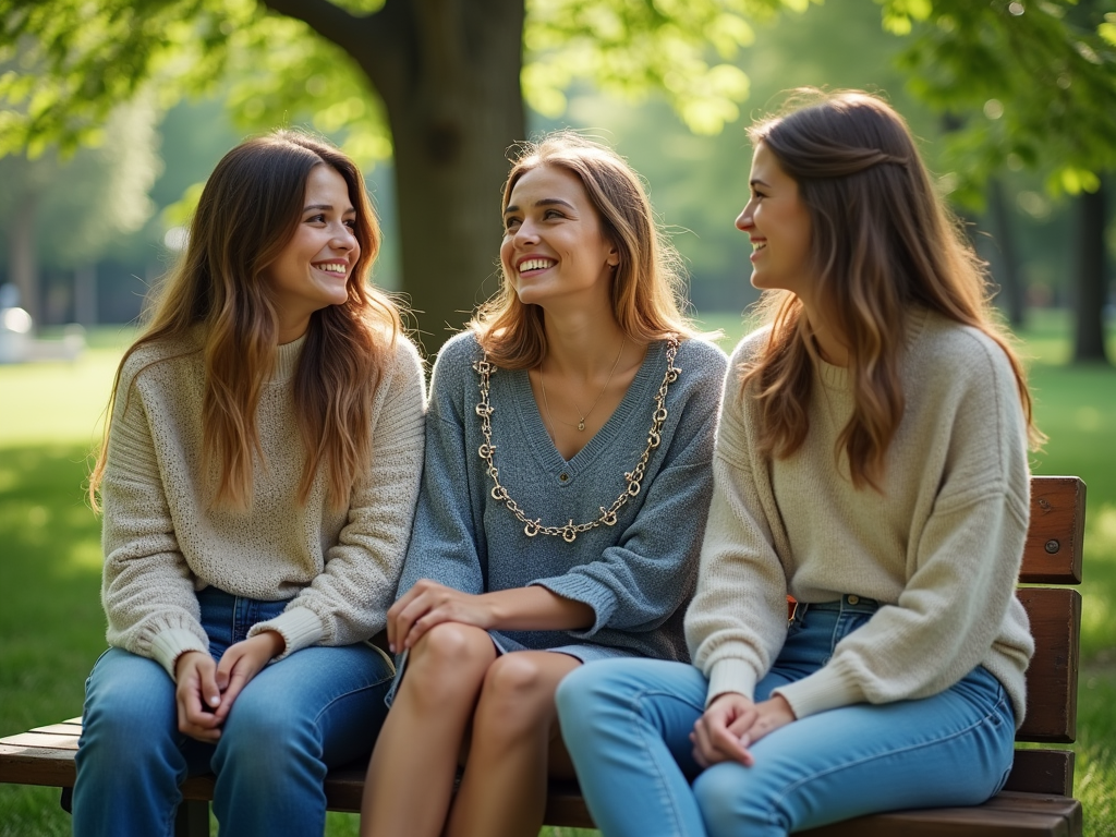 Trzy uśmiechnięte kobiety rozmawiające na ławce w parku.